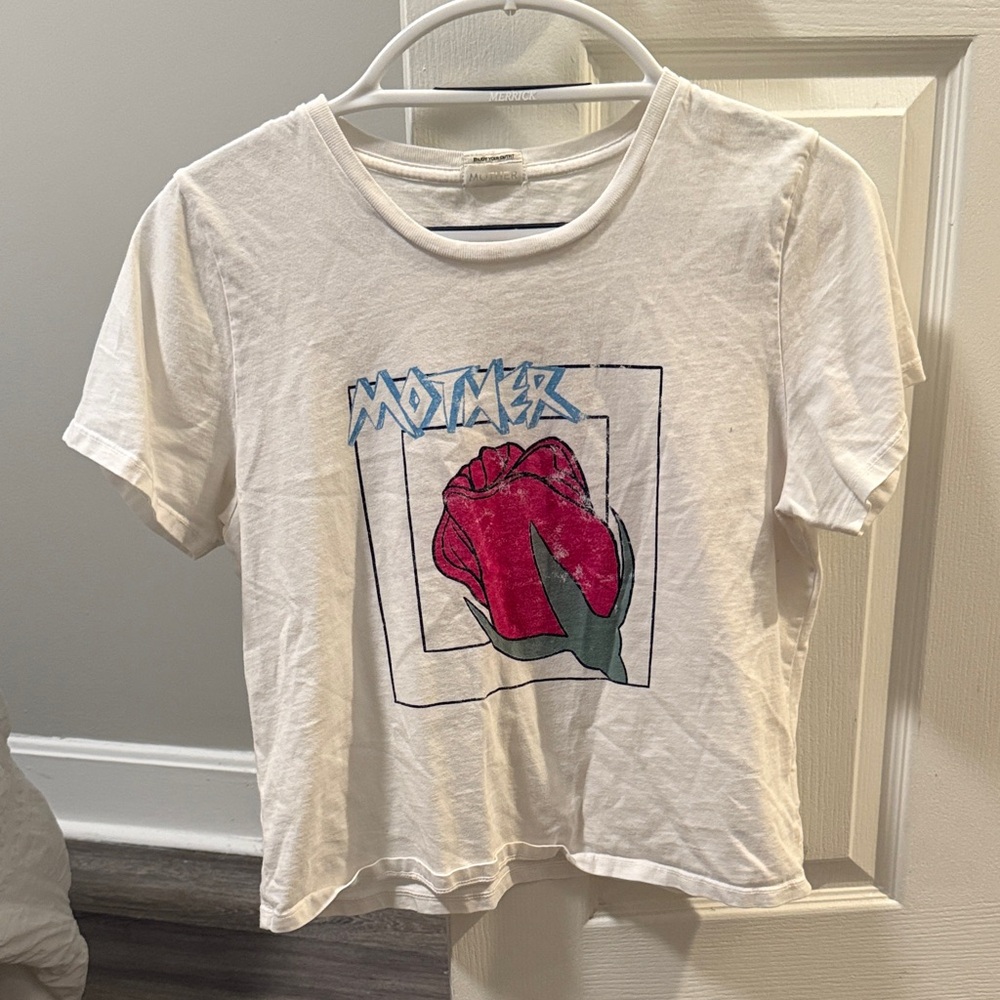 MOTHER White Graphic T-Shirt with Red Rose Design